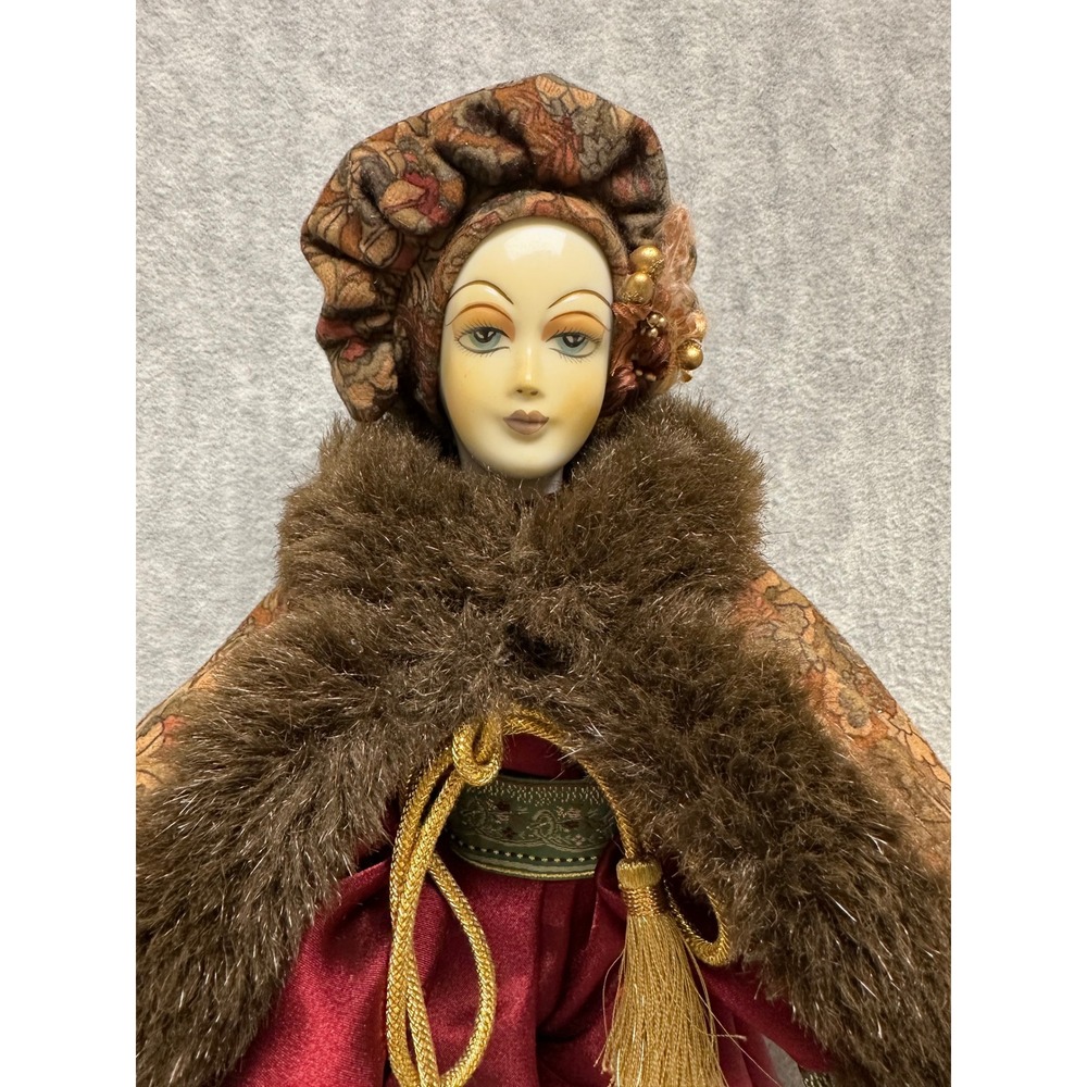 Vintage Porcelain Harlequin Doll Burgundy Satin Faux Fur Art Deco Pierrot - Picture 3 of 15